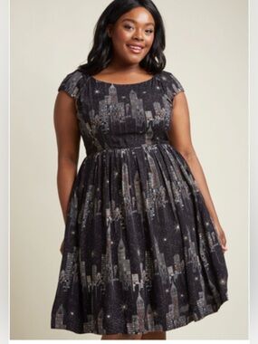 Emily and Fin City Lights Black Novelty Pring Fit Flare Dress L